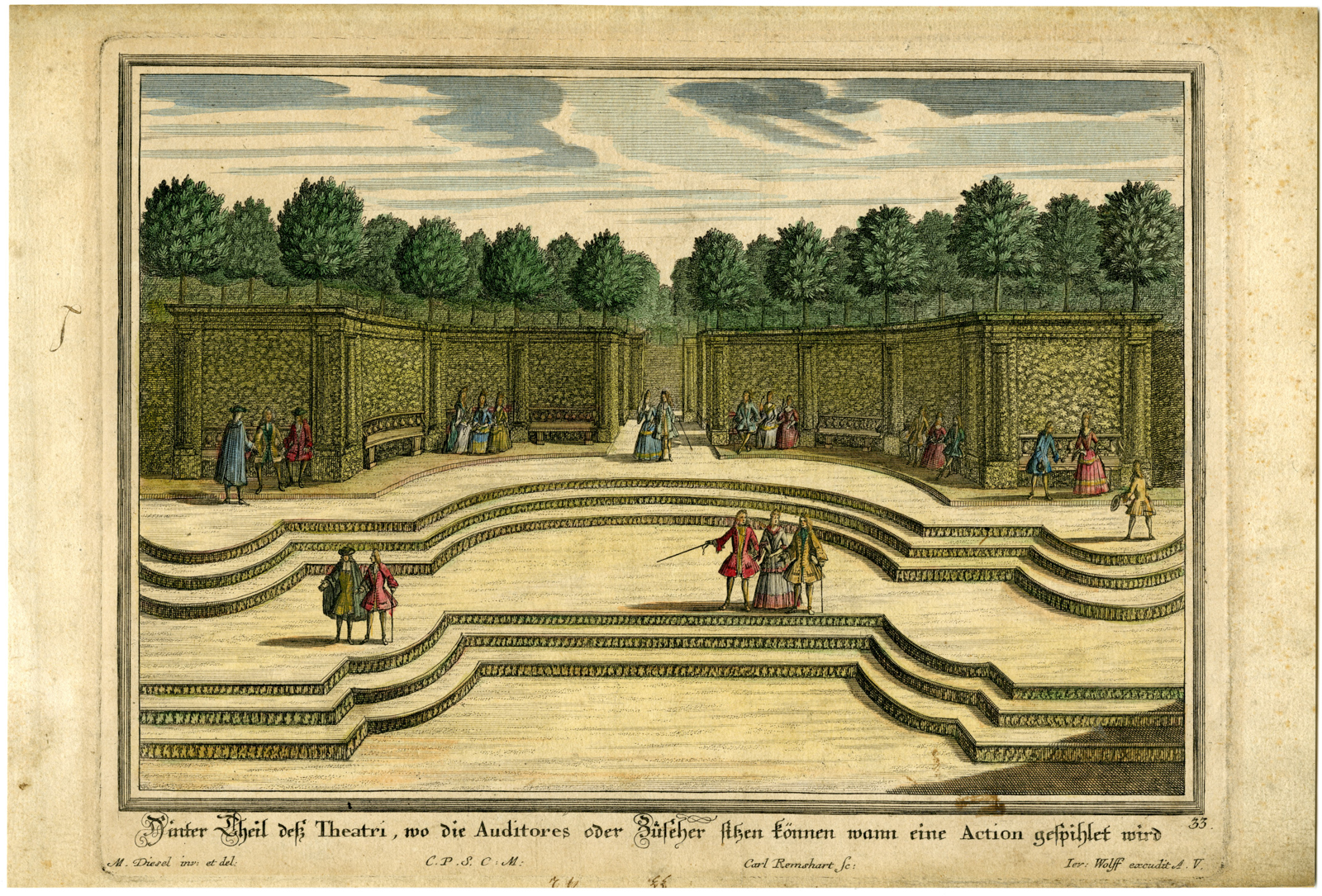 , Antique Print-GARDEN-THEATER-BAROQUE-Remshard-Diesel-ca. 1720, Pictura Antique Prints