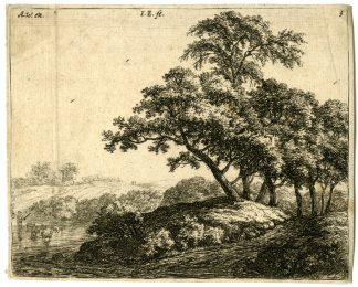 Antique Master Print-LANDSCAPE-WITH-SHEEP IN A RIVER-Waterloo-Esselens-c.1720