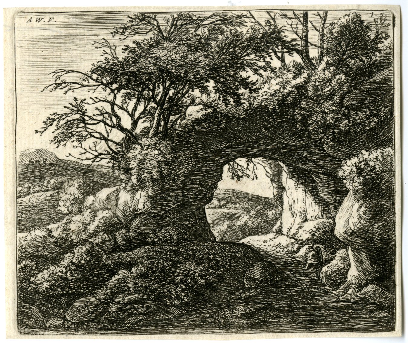 , Antique Master Print-LANDSCAPE-ROCK BRIDGE-ARCH-Waterloo-1720 ed., Pictura Antique Prints