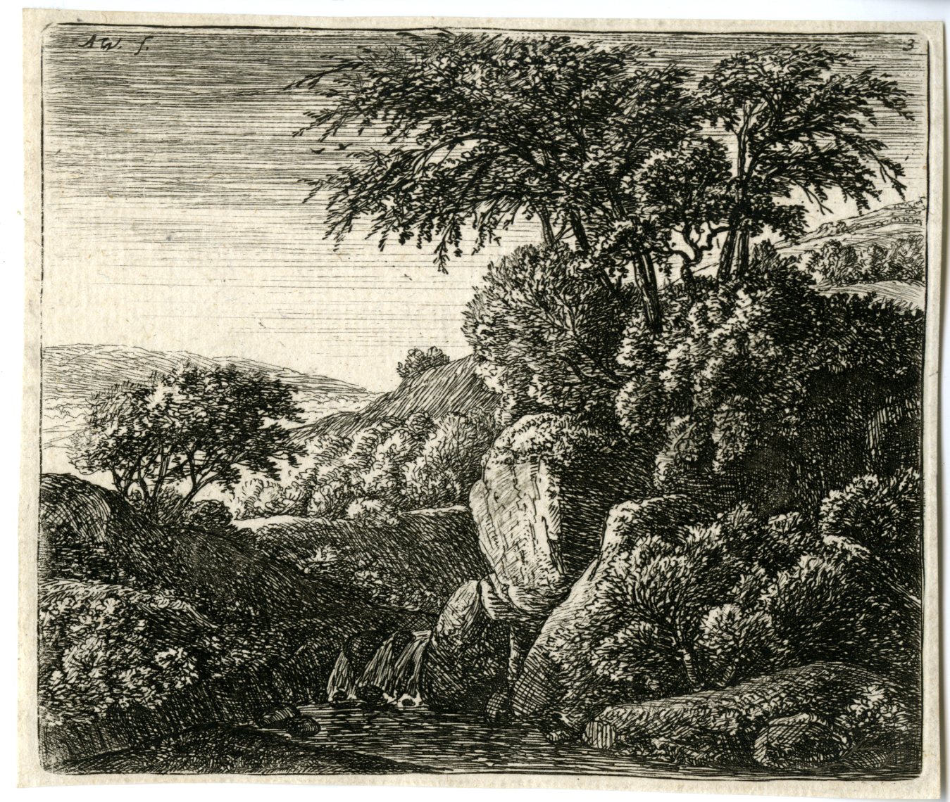 , Antique Master Print-LANDSCAPE WITH SMALL WATERFALL-Waterloo-1720 ed., Pictura Antique Prints