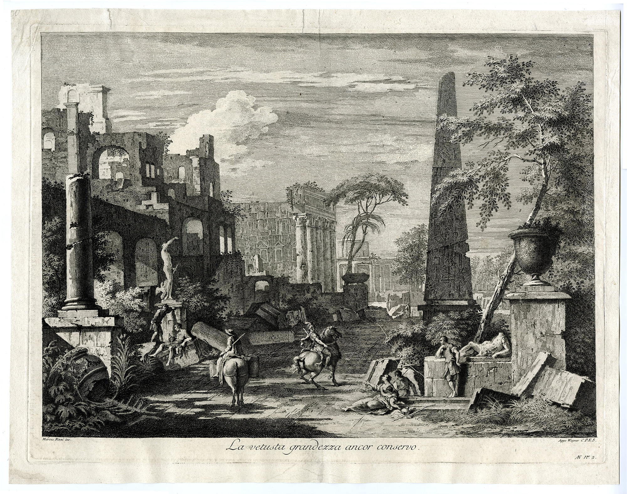 , Antique Master Print-ROMAN-RUINS-OBELISK-LANDSCAPE-Giampiccoli-Ricci-ca. 1740, Pictura Antique Prints