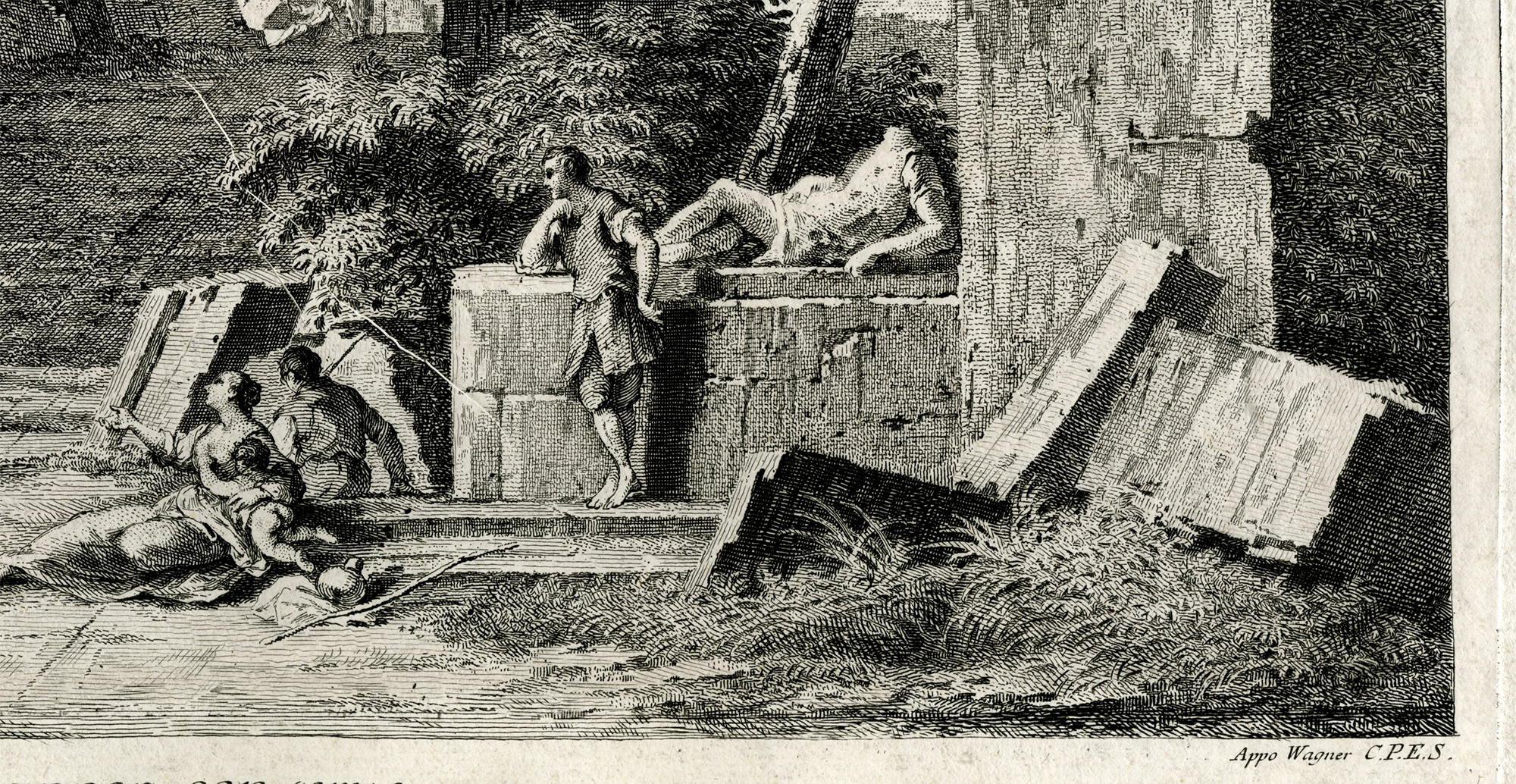 , Antique Master Print-ROMAN-RUINS-OBELISK-LANDSCAPE-Giampiccoli-Ricci-ca. 1740, Pictura Antique Prints