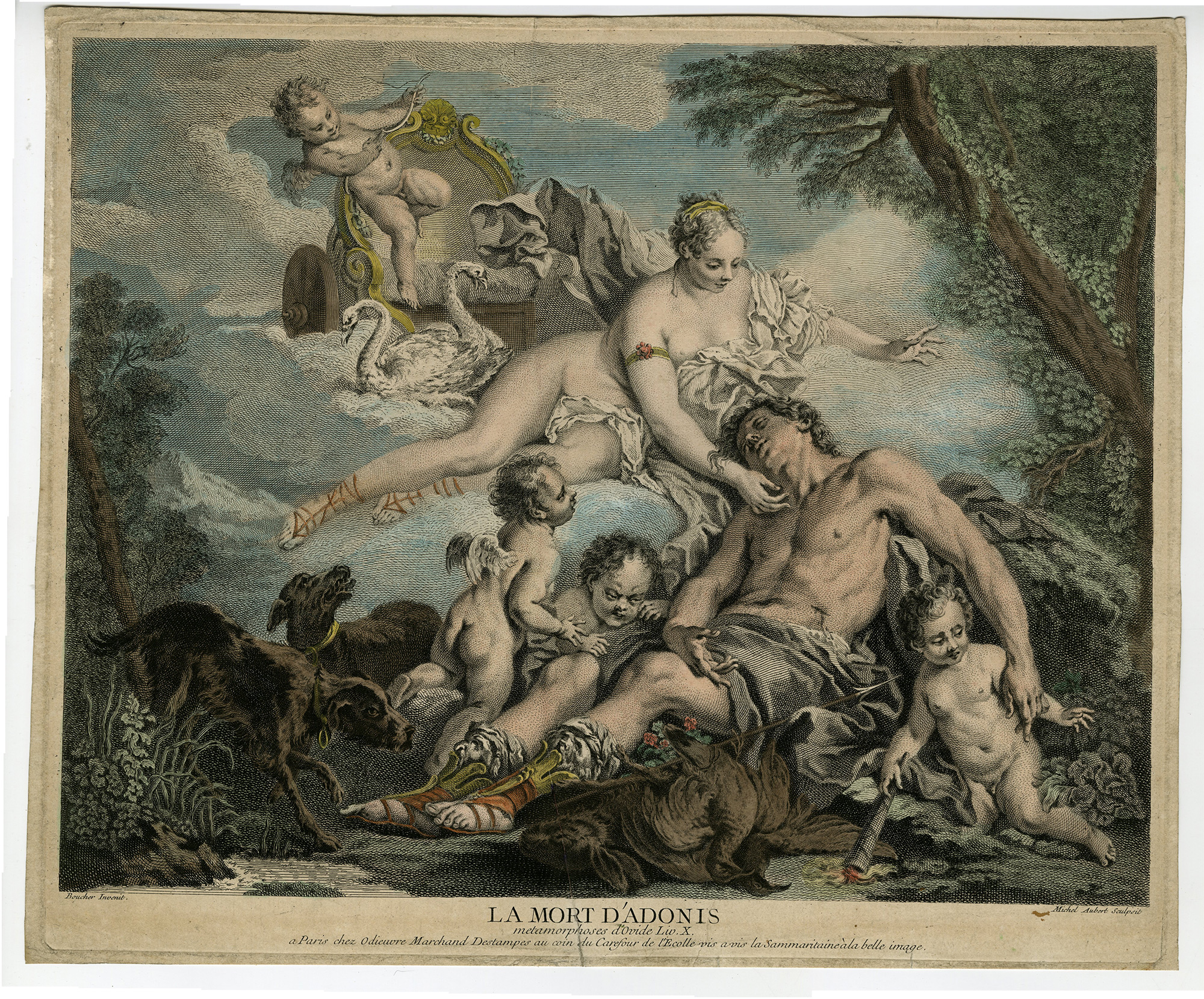 , Antique Master Print-LA MORT ADONIS-DEATH-ALLEGORY-PUTTI-Aubert-Boucher-18th c., Pictura Antique Prints