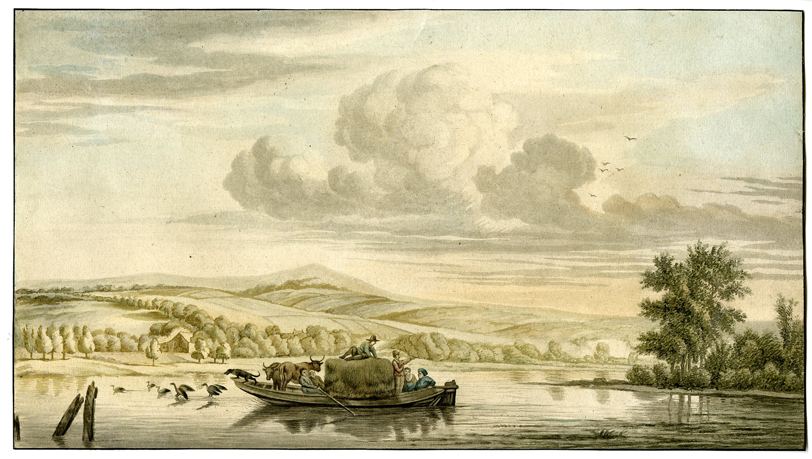 , Antique Master Print-RIVER VIEW-HAY SHIP-FERRY-Josi-van de Velde-1821, Pictura Antique Prints