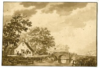 Rare-Antique Master Print-LANDSCAPE-BRIDGE-Schonecker-Cats-c.1780