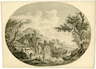 Antique Drawing-RUINS-WATERFALL-ROMANTIC-LANDSCAPE-Gijselaar-ca. 1790-1820