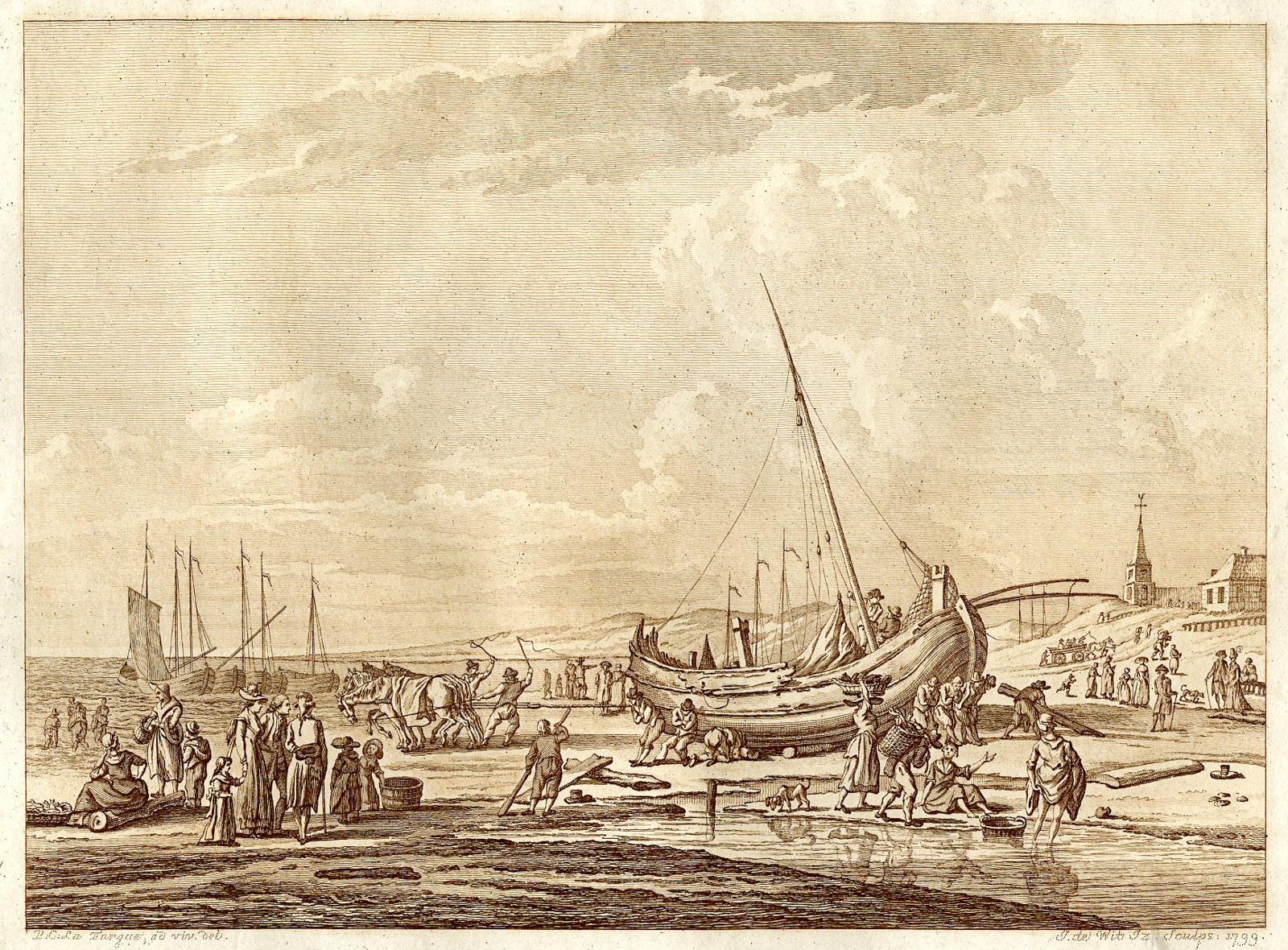 , Antique Master Print-SCHEVENINGEN-FISHING-PINK-BOAT-de Wit-Fargue-1799, Pictura Antique Prints
