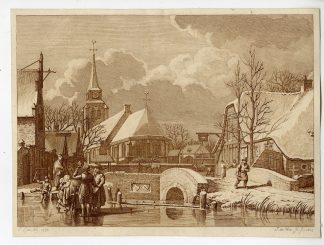 Antique Master Print-WINTER-LANDSCAPE-VILLAGE-SKATING-JANUARY-De Wit-Cats-1805