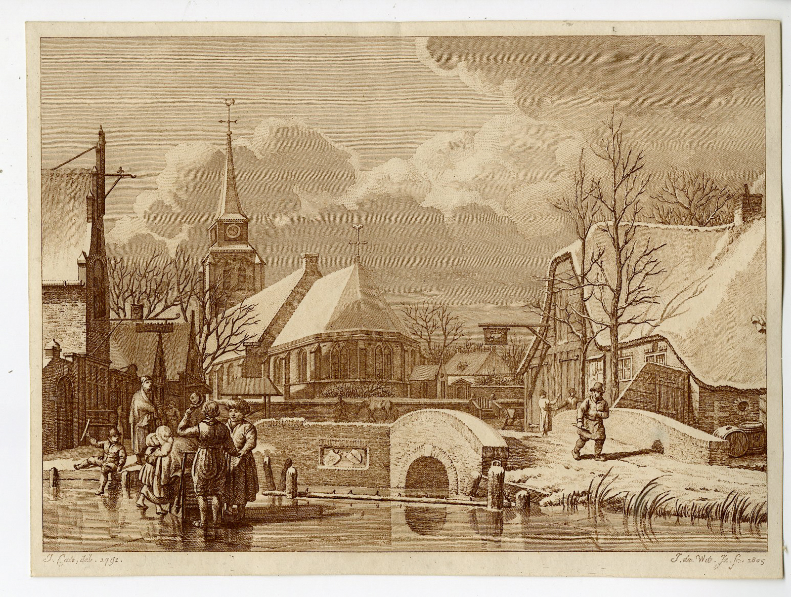 , Antique Master Print-WINTER-LANDSCAPE-VILLAGE-SKATING-JANUARY-De Wit-Cats-1805, Pictura Antique Prints