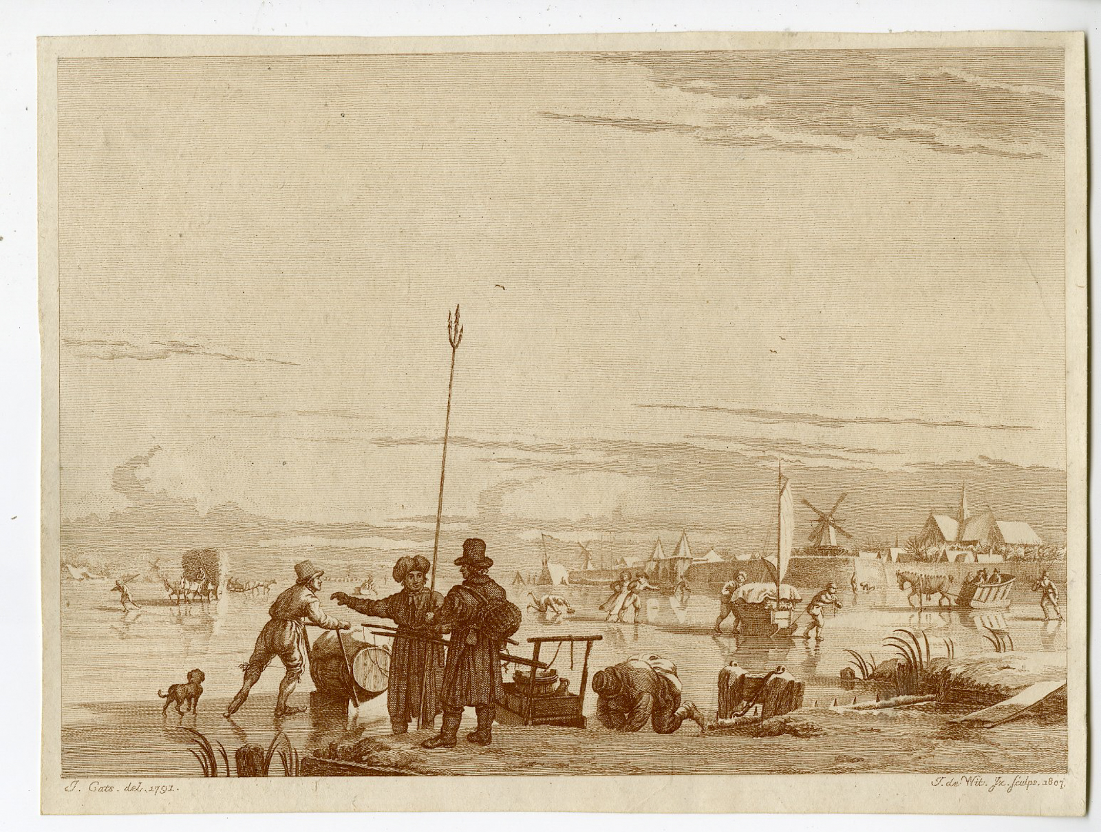 , Antique Master Print-DECEMBER-WINTERMAAND-DUTCH-WINTER-SKATERS-De Wit-Cats-1807, Pictura Antique Prints