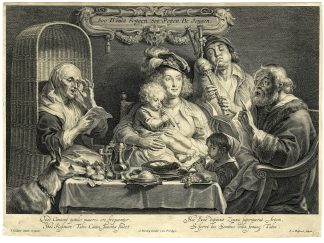 Antique Master Print-SINGING-YOUNG-OLD-BAGPIPES-Bolswert-Jordaens-1638-1659