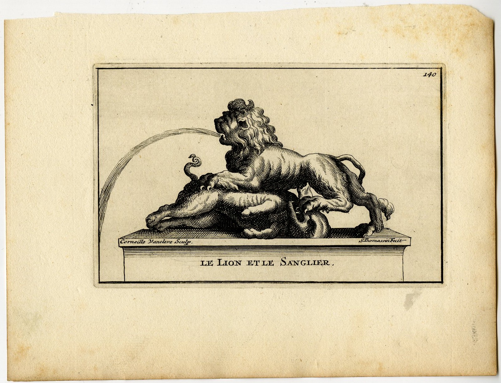 , Antique Print-LE-LION-ET-LE-SANGLIER-BOAR-142-Thomassin-Van Cleve-1694-1724, Pictura Antique Prints