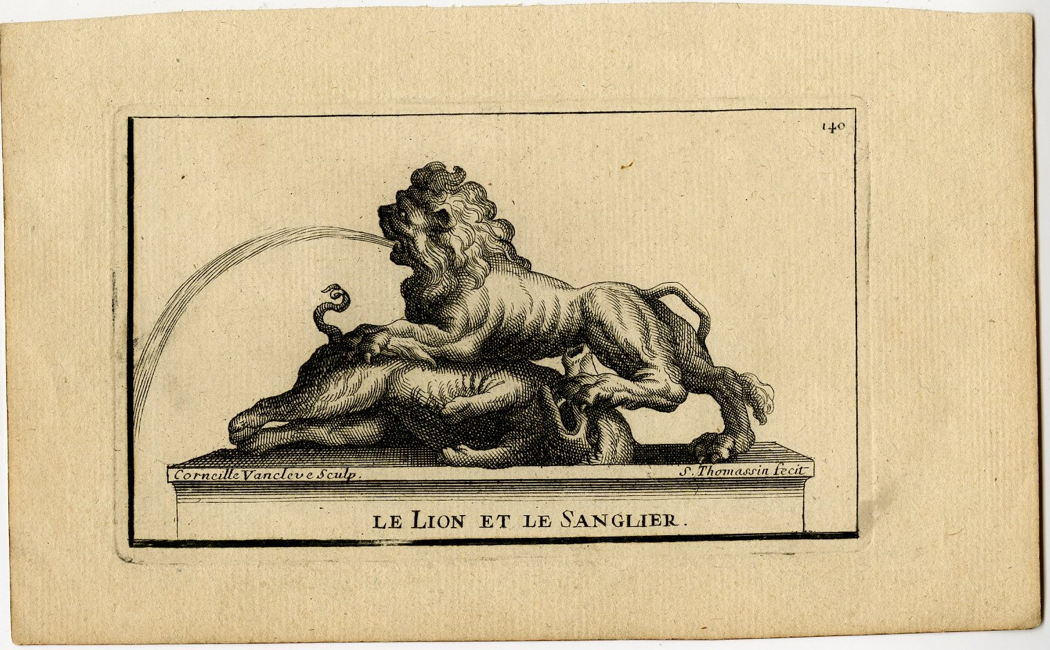 , Antique Print-LE-LION-ET-LE-SANGLIER-BOAR-141-Thomassin-Van Cleve-1694-1724, Pictura Antique Prints