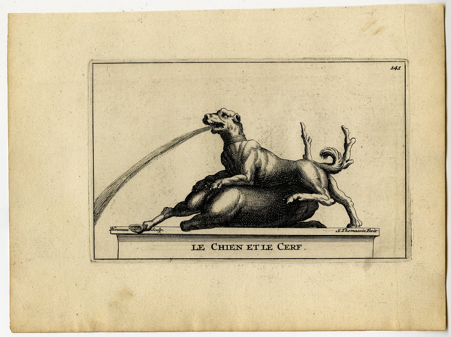 , Antique Print-LE-CHIEN-ET-LE-CERF-PLATE-DOG-STAG-142-Thomassin-Houzeau-1694-1724, Pictura Antique Prints