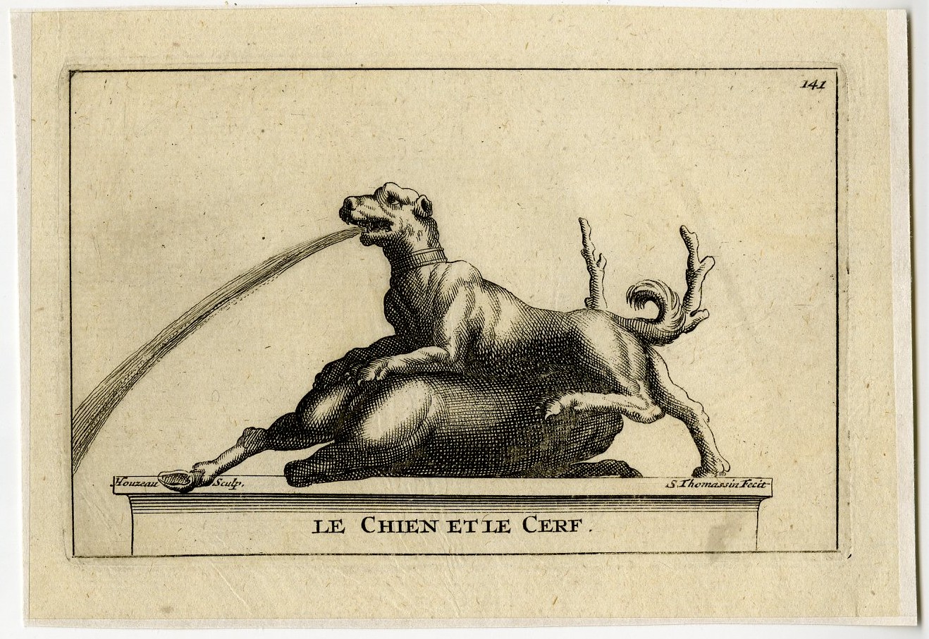 , Antique Print-LE-CHIEN-ET-LE-CERF-PLATE-DOG-STAG-141-Thomassin-Houzeau-1694-1724, Pictura Antique Prints