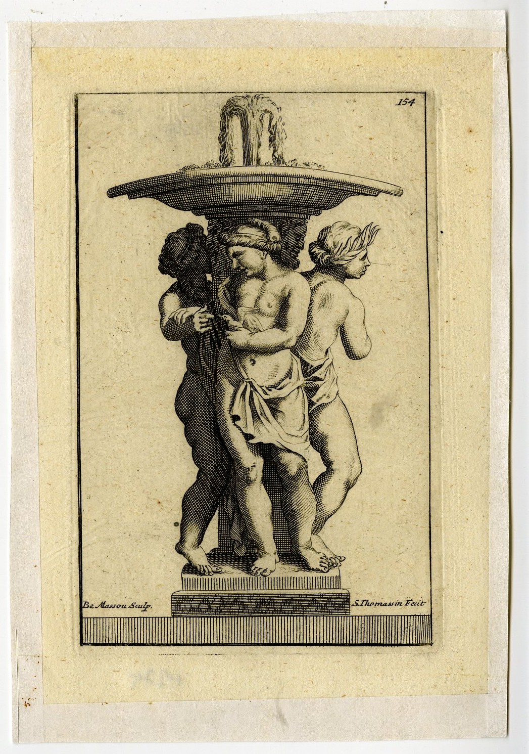 , Antique Print-THREE-NYMPHS-FOUNTAIN-BASIN-PLATE-154-Thomassin-Massou-1694-1724, Pictura Antique Prints
