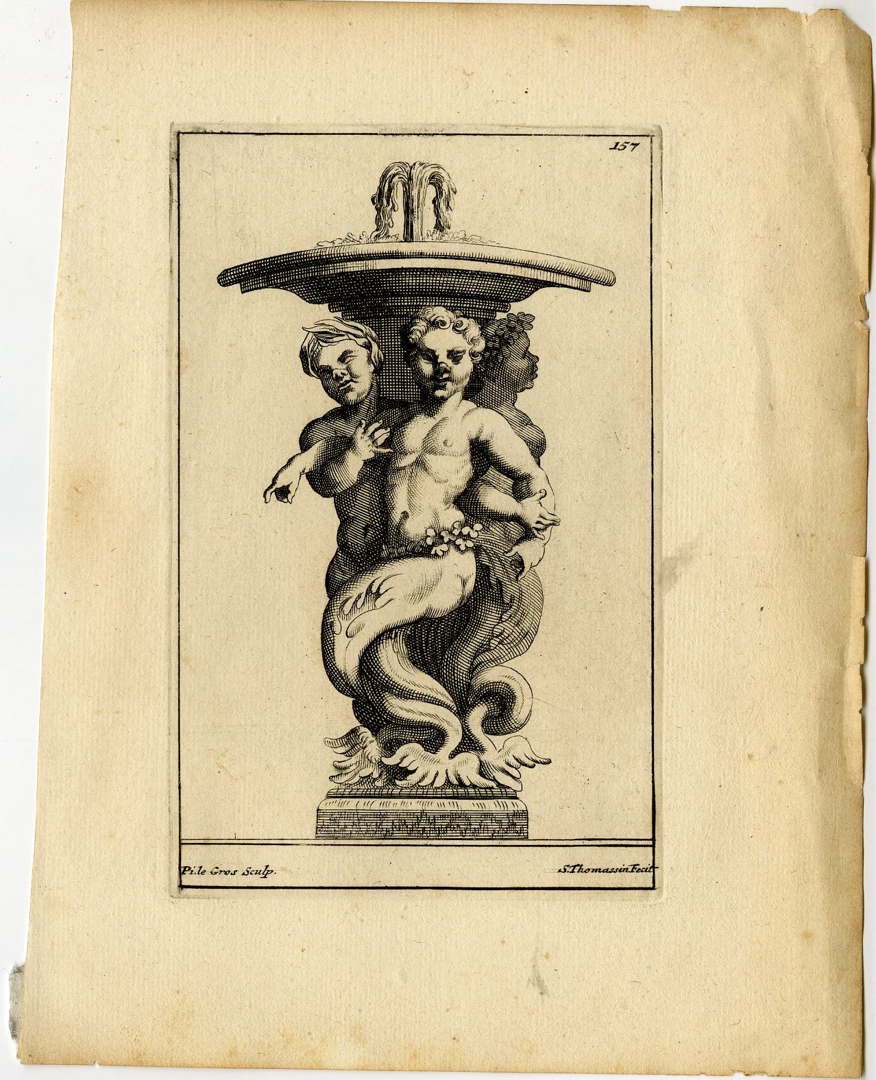 , Antique Print-TRITONS-FOUNTAIN-VASE-PLATE-157-Thomassin-Le Gros-1694-1724, Pictura Antique Prints