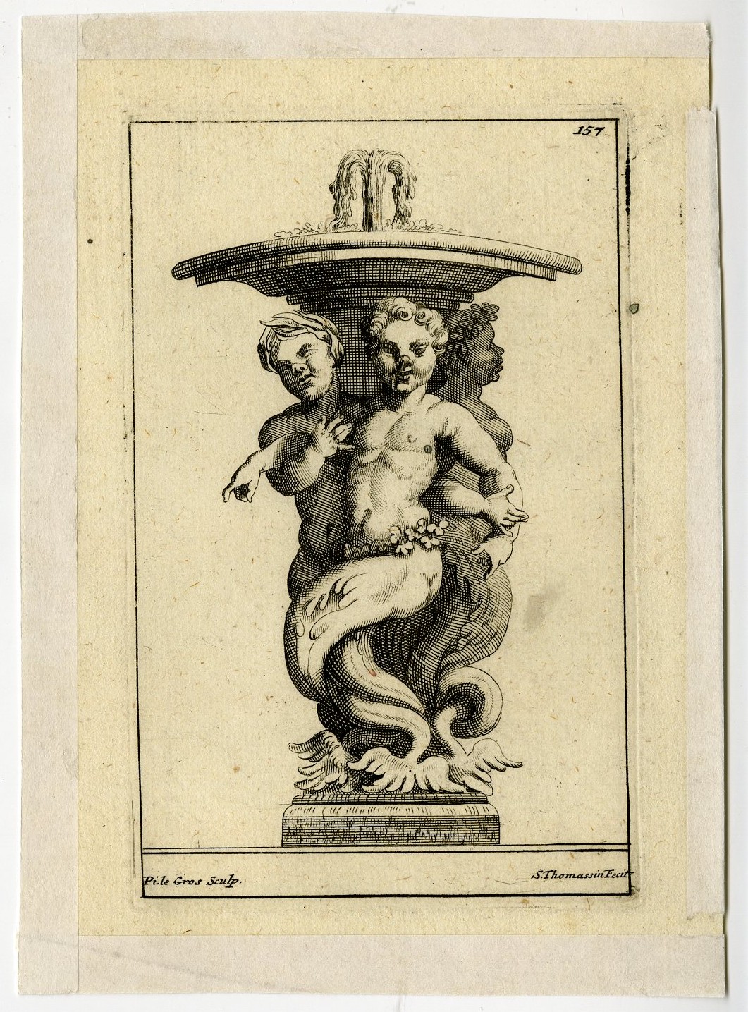 , Antique Print-TRITONS-FOUNTAIN-VASE-PLATE-157-Thomassin-Le Gros-1694-1724, Pictura Antique Prints