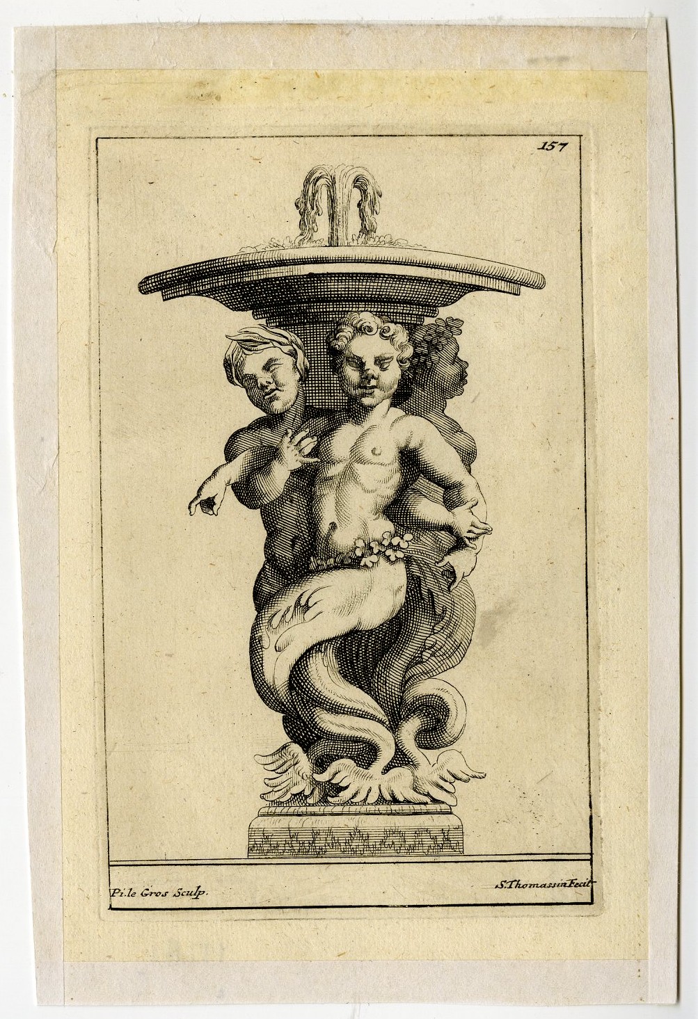 , Antique Print-TRITONS-FOUNTAIN-VASE-PLATE-157-Thomassin-Le Gros-1694-1724, Pictura Antique Prints