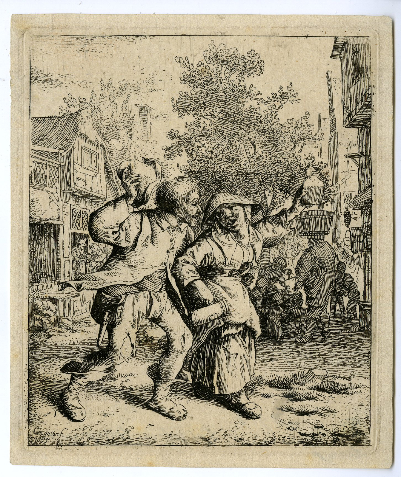 , Antique Master Print-THE DRUNKEN PAIR-Dusart-1685, Pictura Antique Prints
