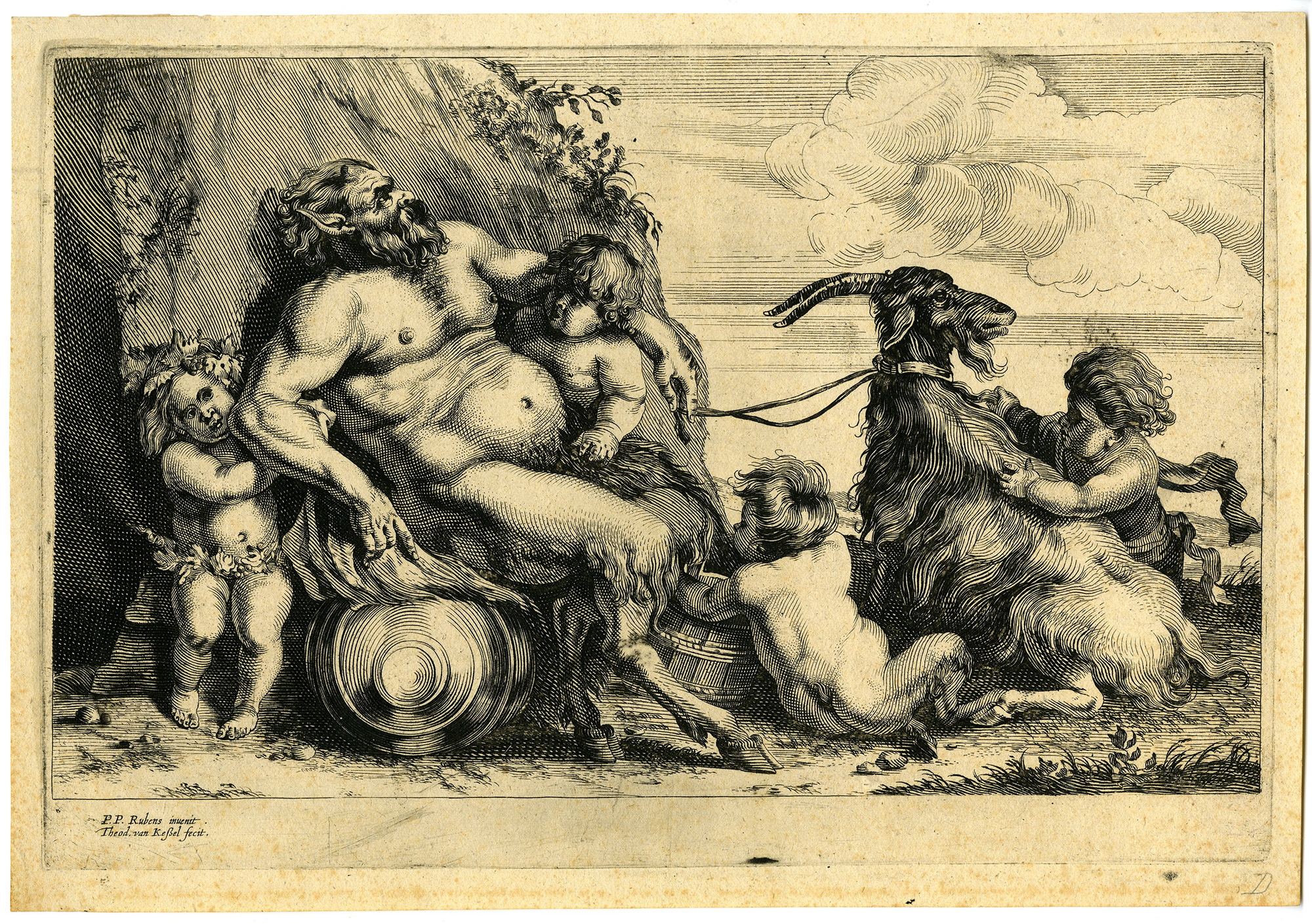 , Antique Master Print-FAUN-PUTTI’S-GOAT-van Kessel-Rubens-c.1675, Pictura Antique Prints