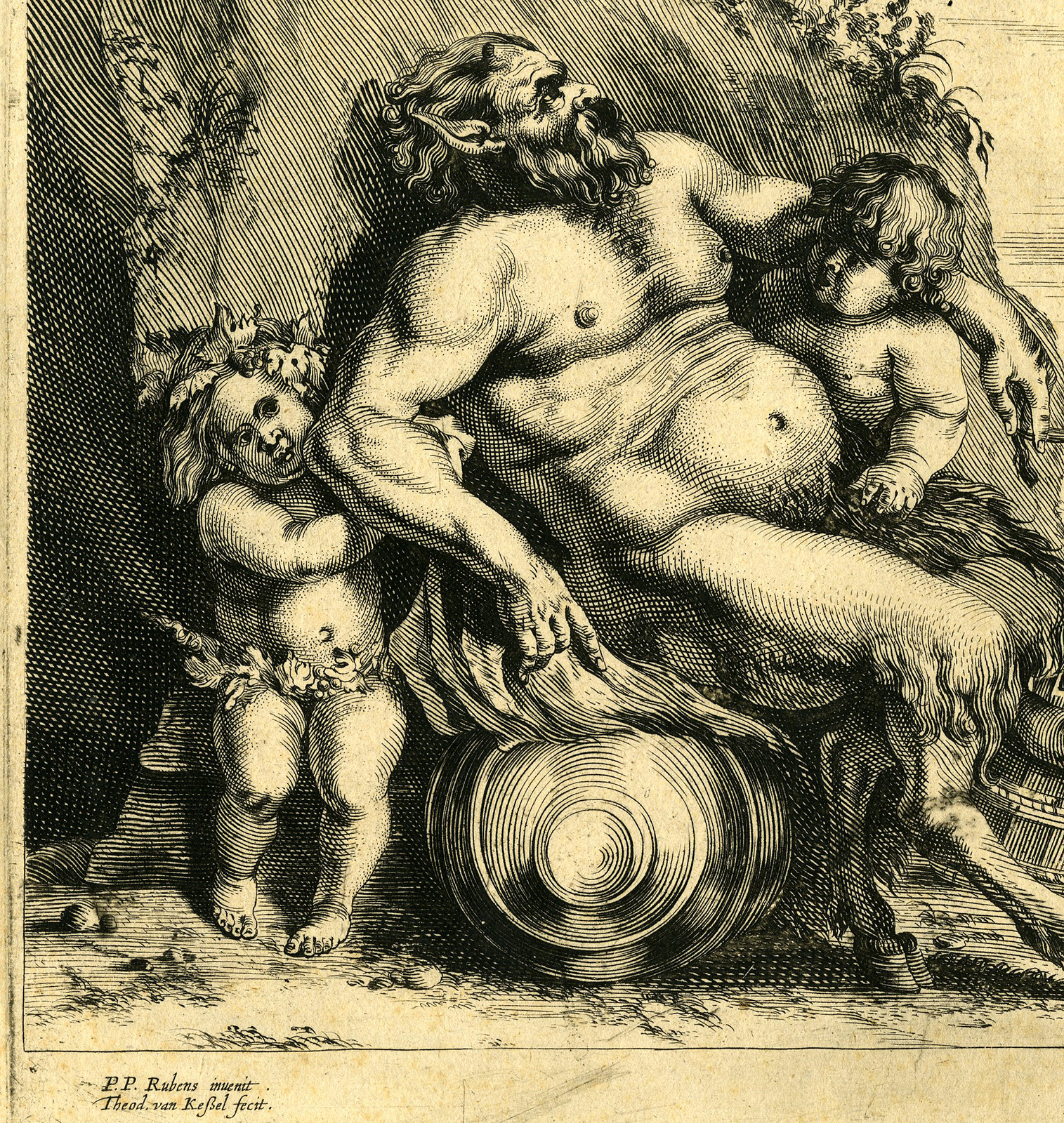 , Antique Master Print-FAUN-PUTTI’S-GOAT-van Kessel-Rubens-c.1675, Pictura Antique Prints