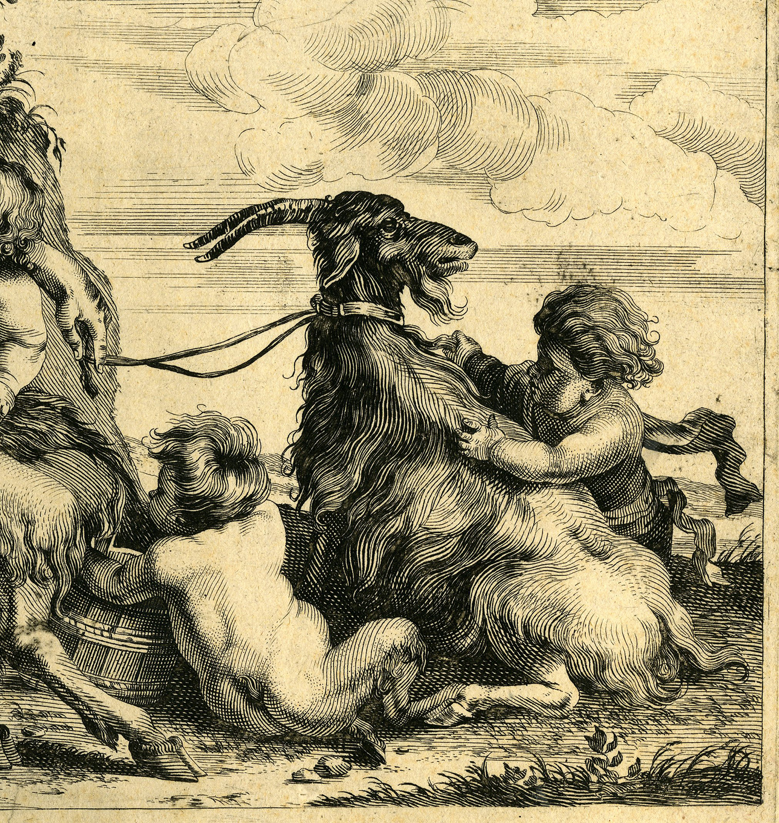 , Antique Master Print-FAUN-PUTTI’S-GOAT-van Kessel-Rubens-c.1675, Pictura Antique Prints