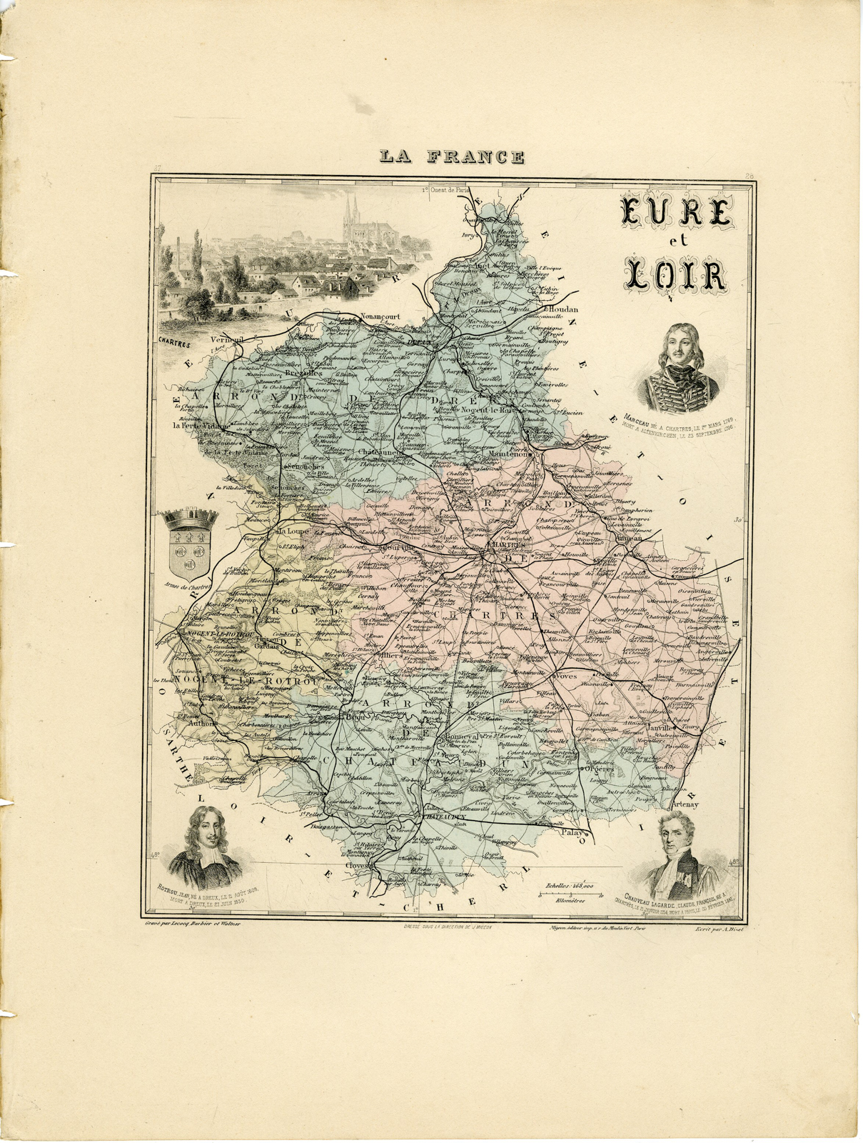 , Antique Map-EURE-ET-LOIR-FRANCE-Lecocq-Barbier-Walter-Migeon-Bizet-1890, Pictura Antique Prints
