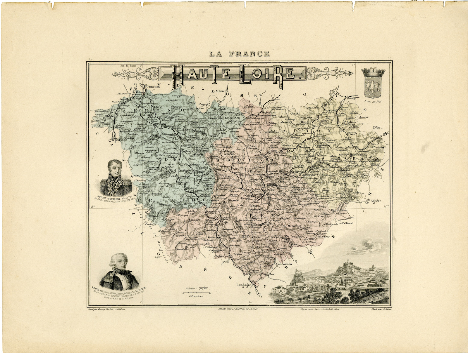 , Antique Map-HAUTE-LOIRE-FRANCE-Lecocq-Barbier-Walter-Migeon-Bizet-1890, Pictura Antique Prints