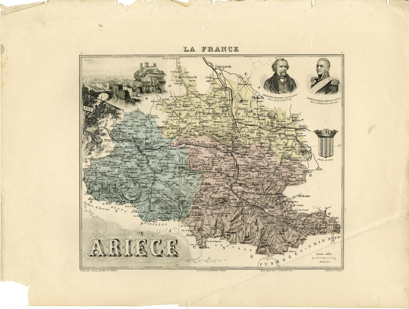 , Antique Map-ARIEGE-FRANCE-Lecocq-Barbier-Walter-Migeon-Bizet-1890, Pictura Antique Prints