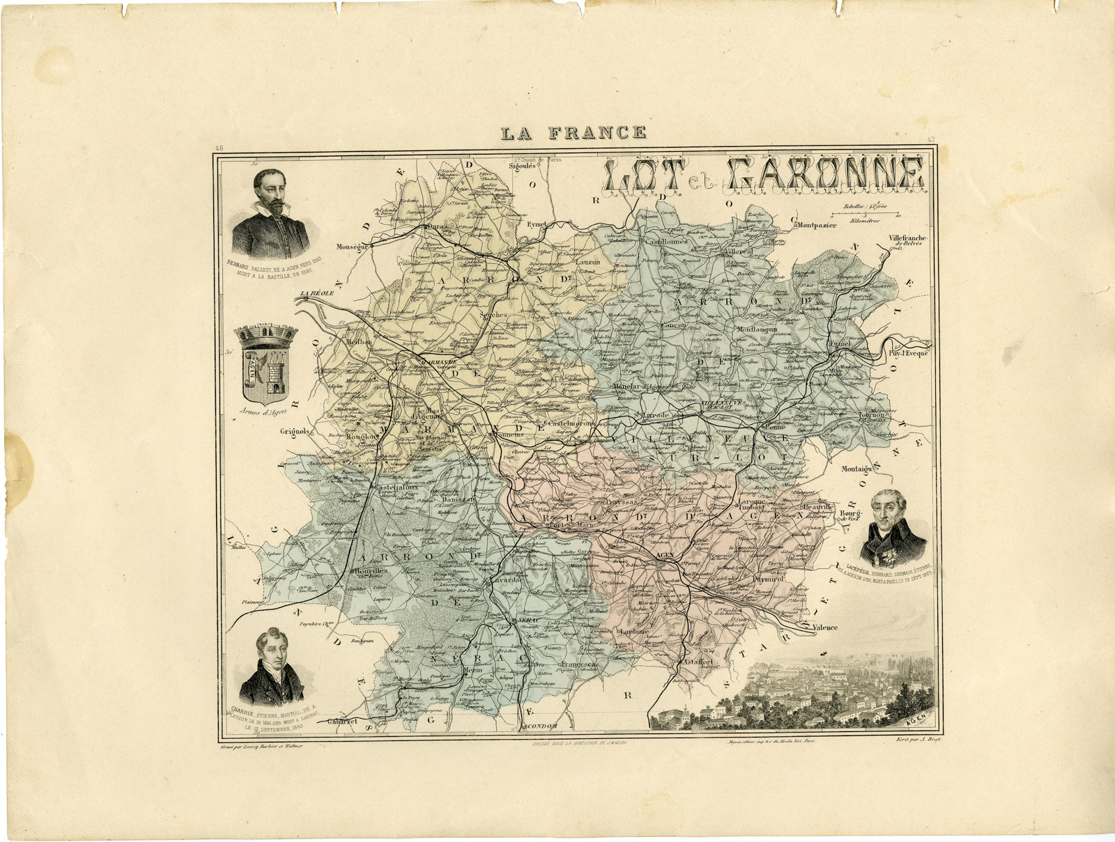 , Antique Map-LOT-ET-GARONNE-FRANCE-Lecocq-Barbier-Walter-Migeon-Bizet-1890, Pictura Antique Prints