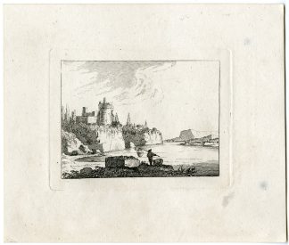 Antique Master Print-CASTLE-CLIFF-RIVER-FISHERMAN-Berthoud-1820