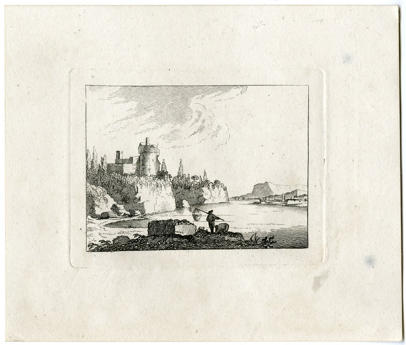 , Antique Master Print-CASTLE-CLIFF-RIVER-FISHERMAN-Berthoud-1820, Pictura Antique Prints