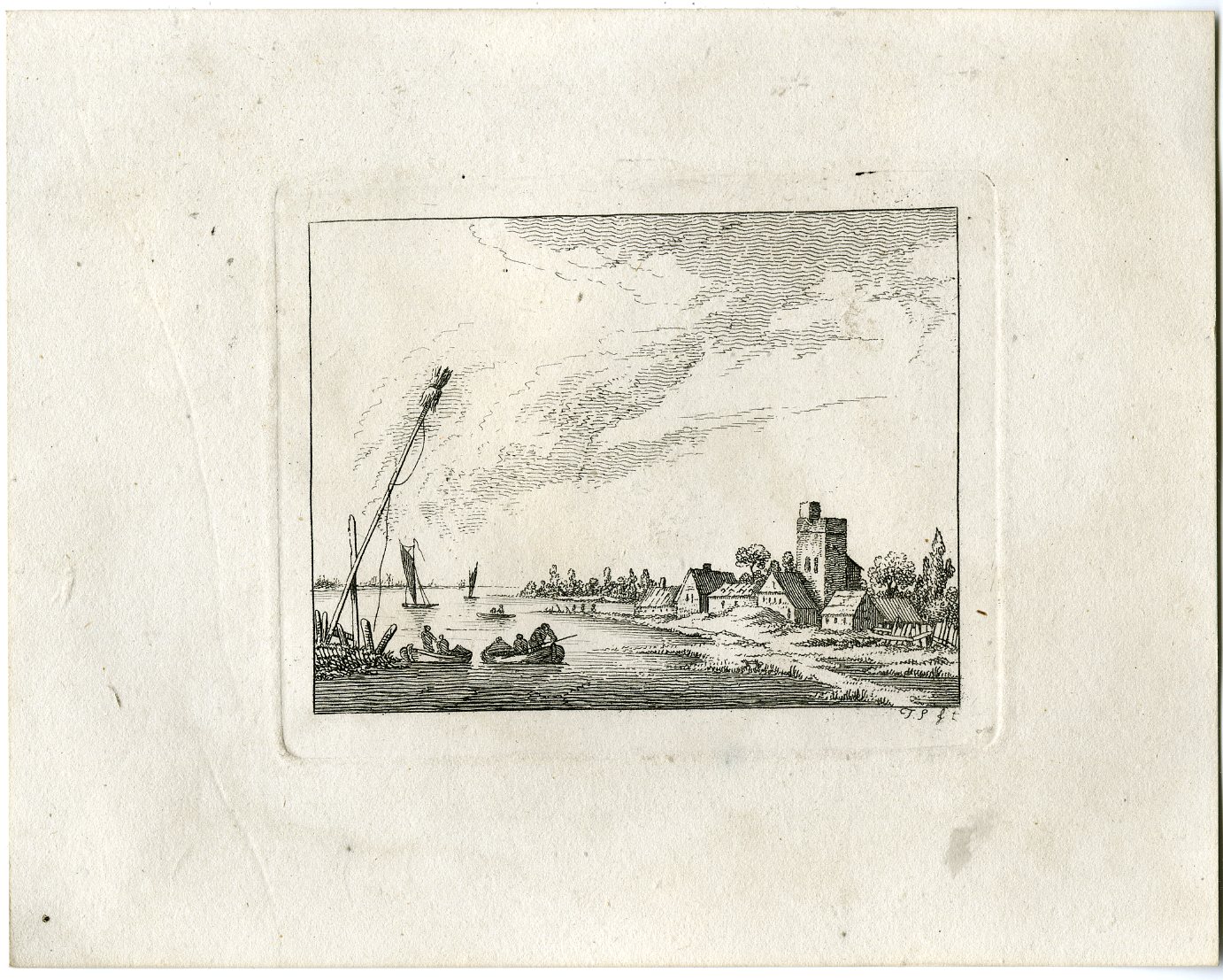 , Antique Master Print-RIVER-VILLAGE-CHURCH-BOATS-MONOGRAM-Fivares-Berthoud-1820, Pictura Antique Prints