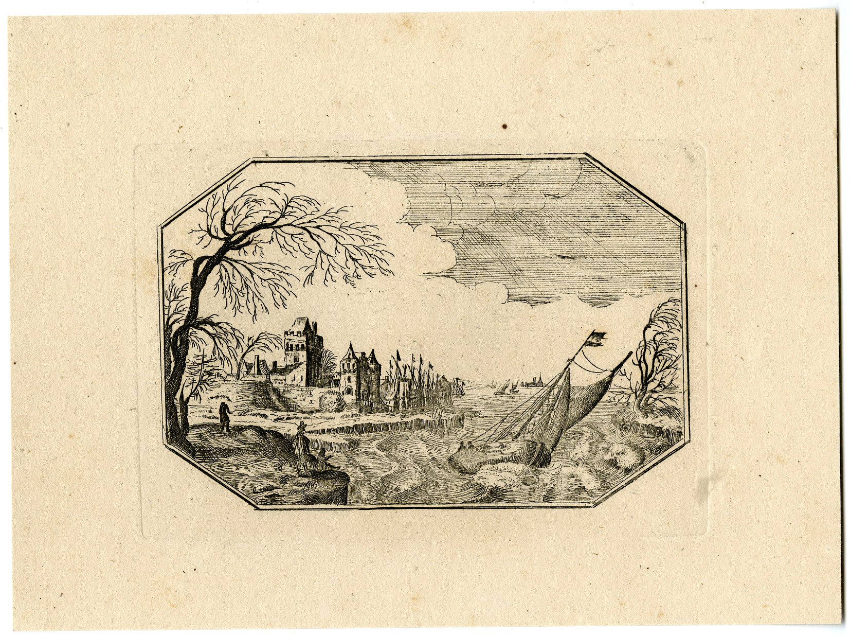 , Antique Master Print-OCTAGONAL-DUTCH TOWN-RIVER-FORT-BOAT-STORM-Berthoud-1820, Pictura Antique Prints