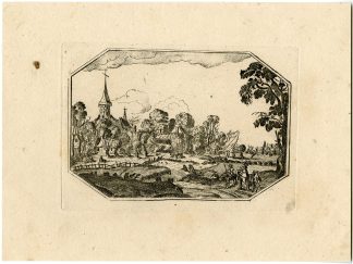 Antique Master Print-OCTAGONAL-DUTCH VILLAGE-SCENE-CHURCH-FIGURES-Berthoud-1820