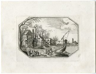 Antique Master Print-OCTAGONAL-DUTCH VILLAGE-RIVER-CRANE-CHURCH-Berthoud-1820