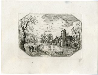 Antique Master Print-OCTAGONAL-TOWN-DUTCH WINTER SCENE-SKATING-Berthoud-1820