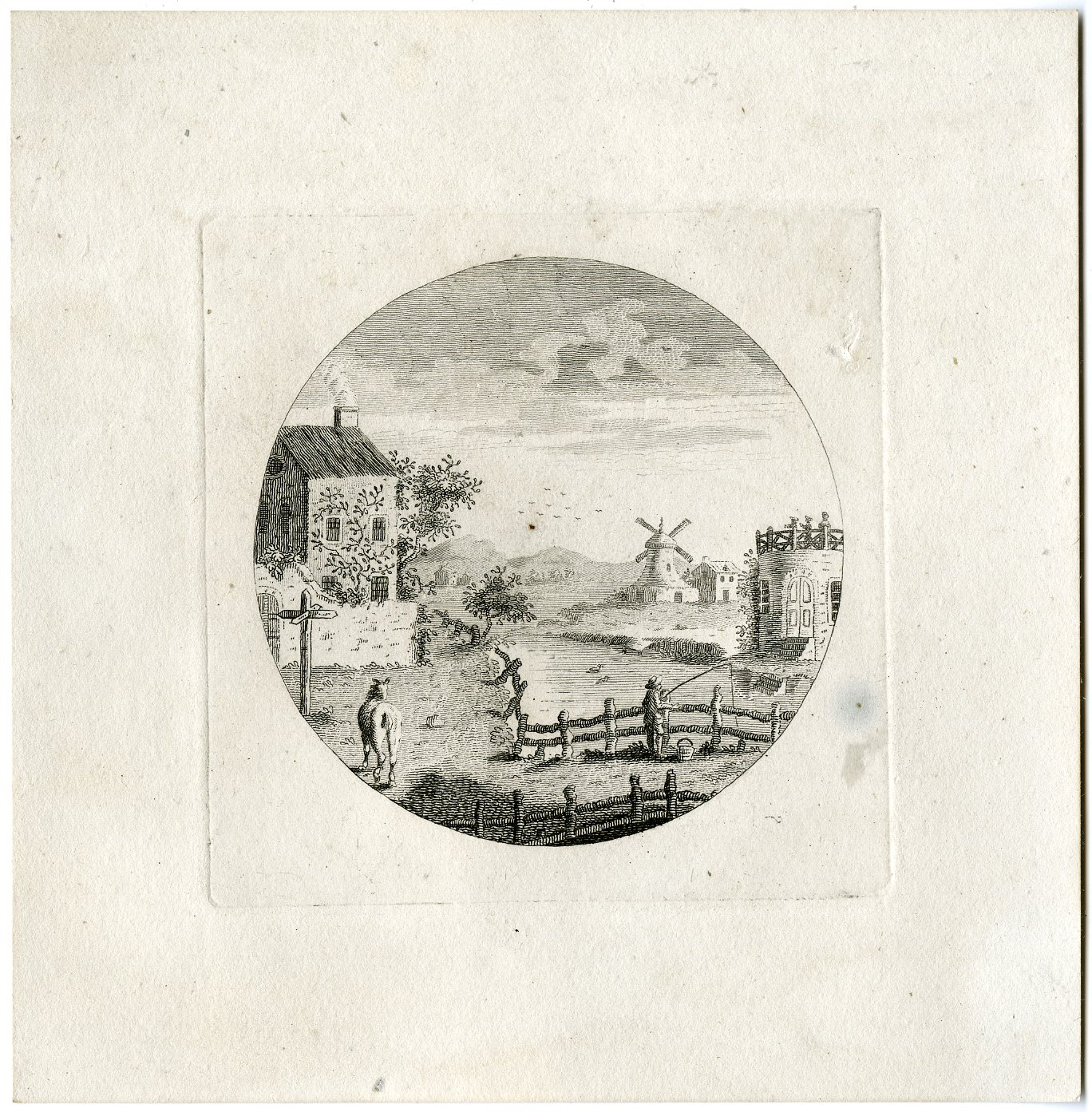 , Antique Master Print-CIRCULAR-WINDMILL-VILLAGE-PASTORAL-Berthoud-1820, Pictura Antique Prints