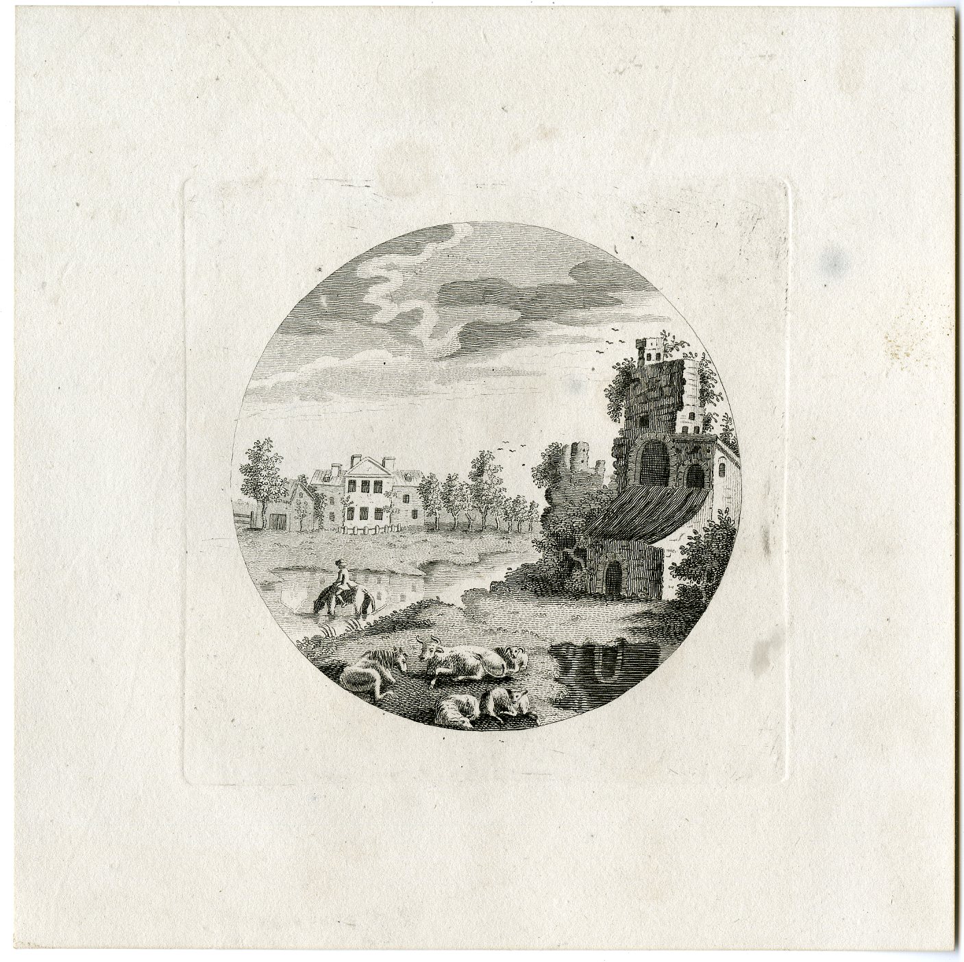 , Antique Master Print-CIRCULAR-CATTLE-RUIN-SHEPHERD-RIVER-Berthoud-1820, Pictura Antique Prints