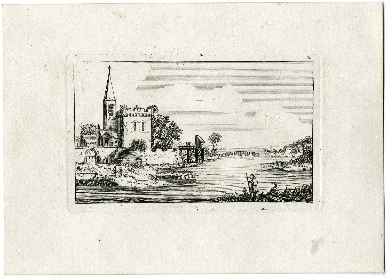 , Antique Master Print-RIVER-VIEW-CHURCH-BRIDGE-ETCHING-Berthoud-1820, Pictura Antique Prints