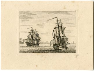 Antique Master Print-TWO SHIPS AT SEA WITH COASTAL BACKGROUND-Berthoud-1820