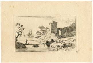 Antique Master Print-RIVER CROSSING WITH RUINED CASTLE-Vivares-Berthoud-1820
