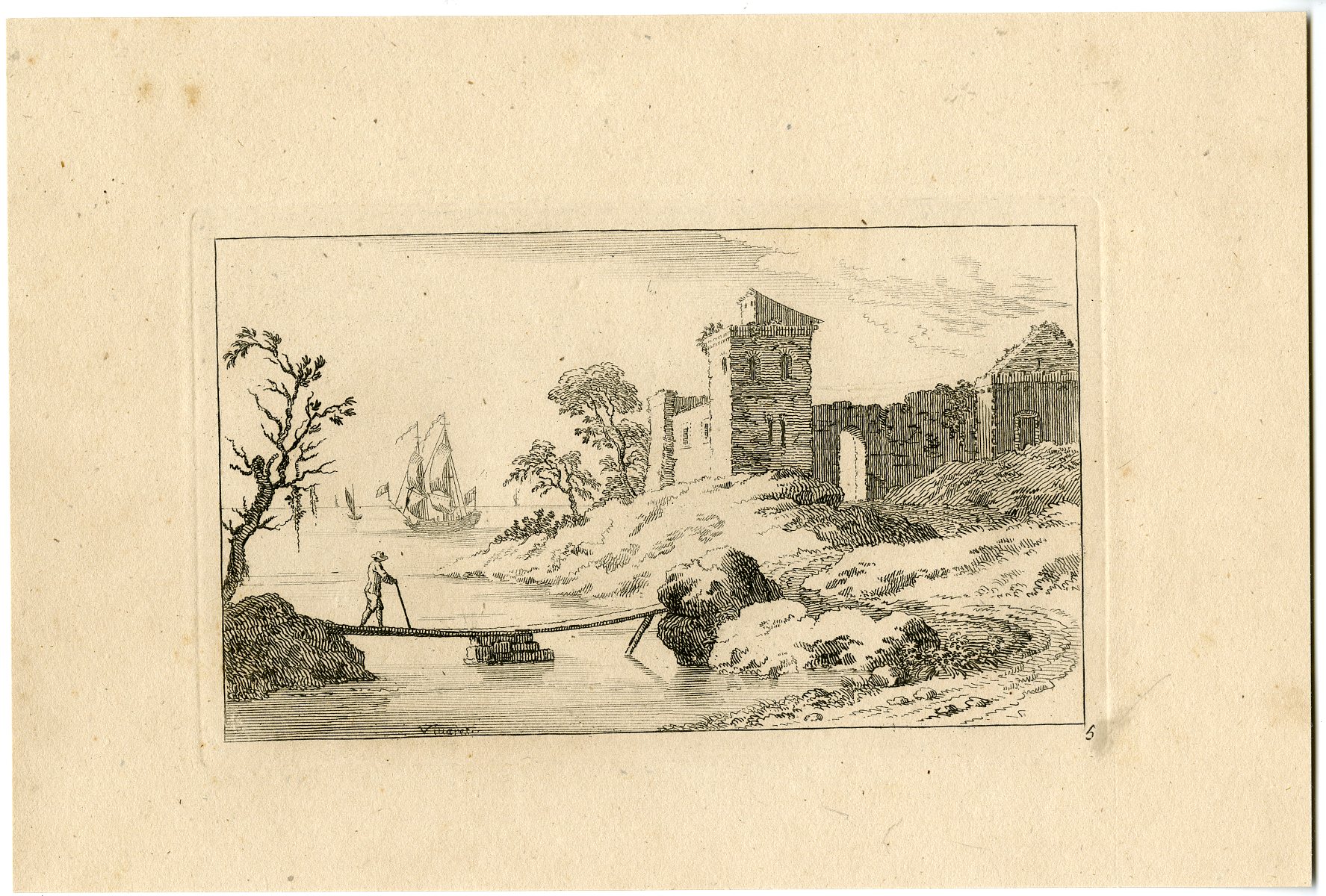 , Antique Master Print-RIVER CROSSING WITH RUINED CASTLE-Vivares-Berthoud-1820, Pictura Antique Prints