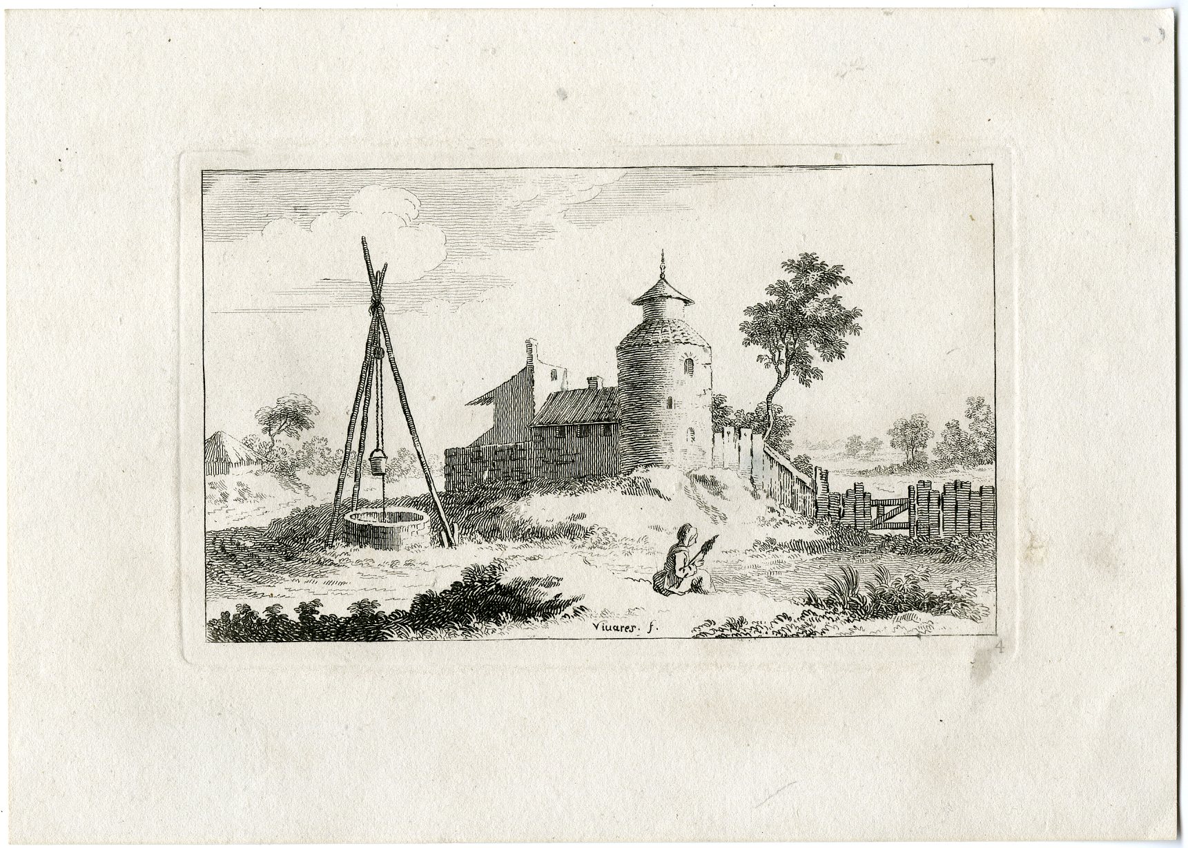 , Antique Master Print-RURAL TOWER AND WELL SCENE-Vivares-Berthoud-1820, Pictura Antique Prints