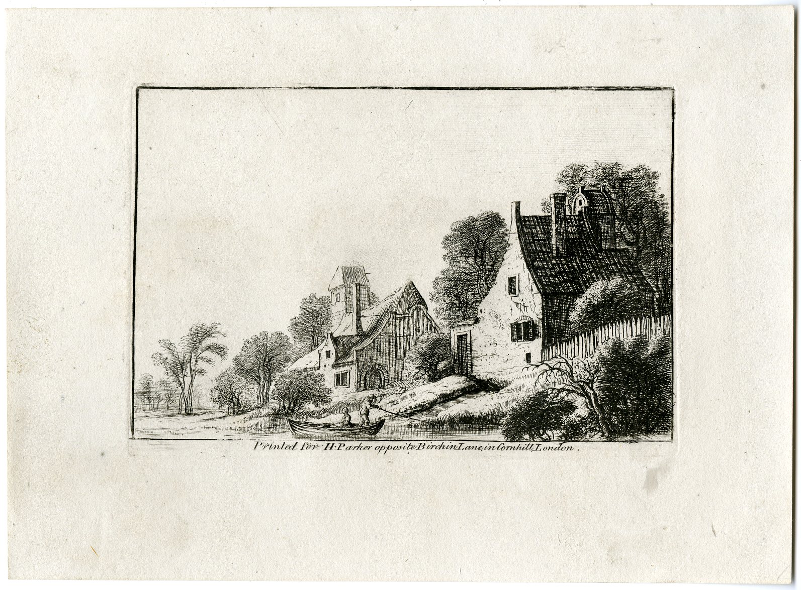, Antique Master Print-RIVERBANK VILLAGE SCENE-Parker-Berthoud-1820, Pictura Antique Prints