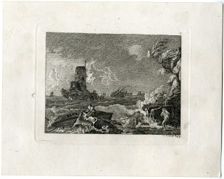 Antique Master Print-DRAMATIC SHIPWRECK SCENE NEAR RUINED TOWER-Berthoud-1820