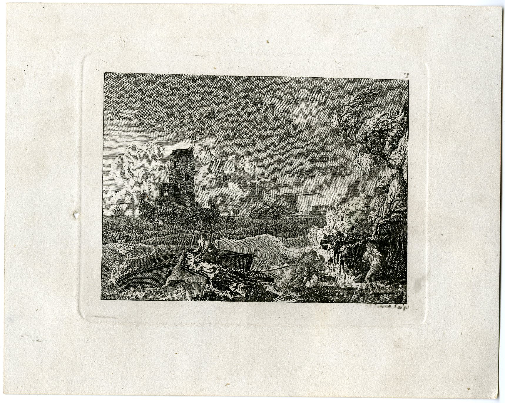 , Antique Master Print-DRAMATIC SHIPWRECK SCENE NEAR RUINED TOWER-Berthoud-1820, Pictura Antique Prints