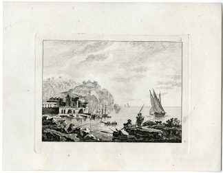 Antique Master Print-MEDITERRANEAN PORT-SAILBOATS-CLIFFSIDE TOWN-Berthoud-1820