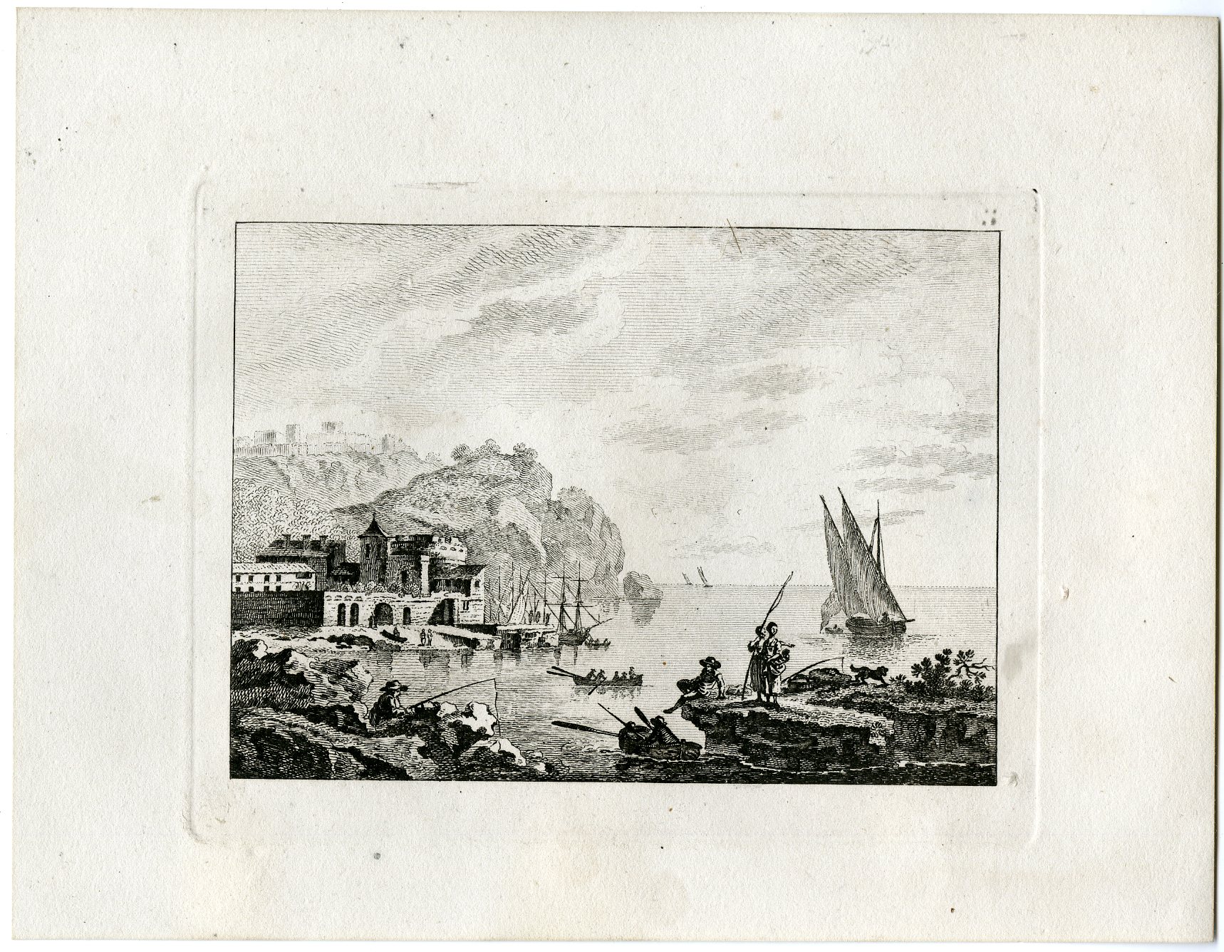 , Antique Master Print-MEDITERRANEAN PORT-SAILBOATS-CLIFFSIDE TOWN-Berthoud-1820, Pictura Antique Prints